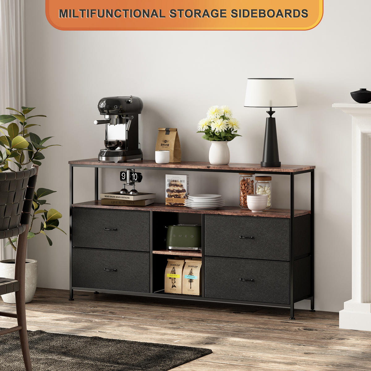 TV LOWBOARD 108x30x77 cm LED Metall Holz schwarz - Schwarz, Holz (108/76.8/29.8cm) - LEBENLANG