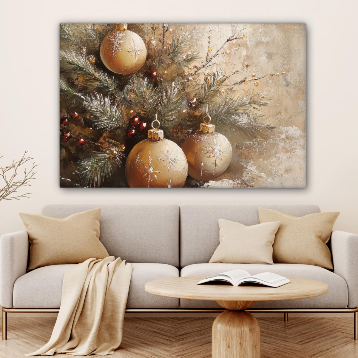 LEINWANDBILD Weihnachten - Kugeln - Beige - Gold Groß 140x90 cm - Goldfarben, Textil (140/90cm) - MuchoWow