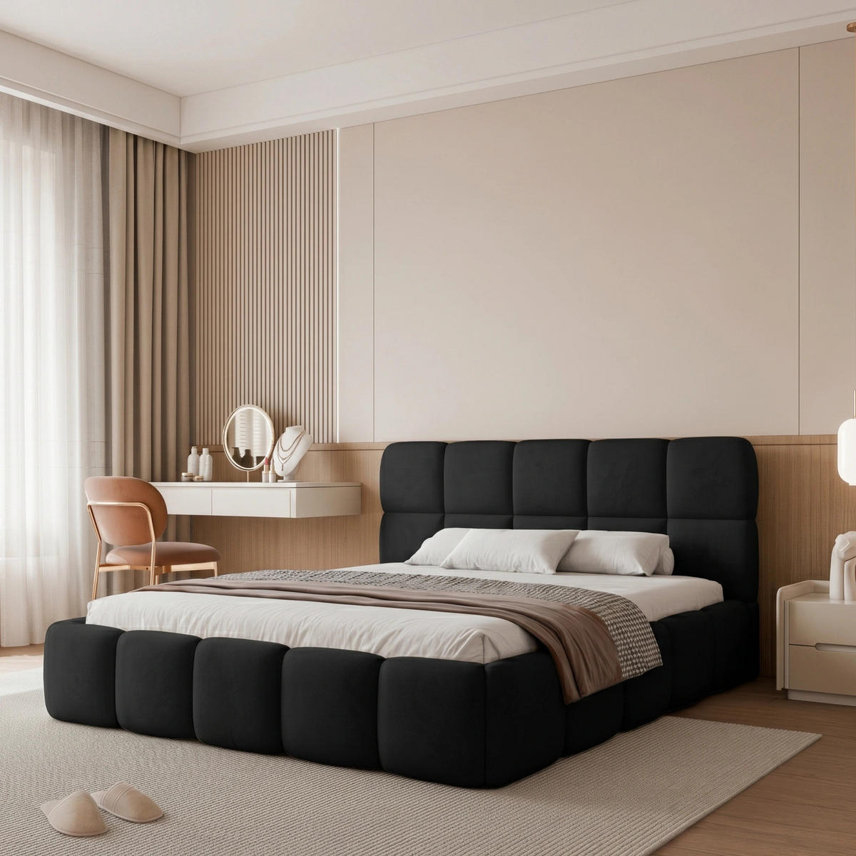 POLSTERBETT CERETTO 180x200 cm Schwarz Velours (Stoff Jasmine 100) - mit Bettkasten und Holzlattenrost - Schwarz, Holzwerkstoff/Textil (180/200cm) - Ravio
