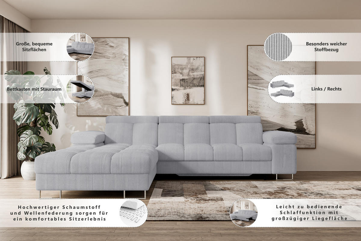ECKSOFA mit Schlaffunktion Ottomane Links COMA L 271x203x79 Creme Tissu - Creme, Holzwerkstoff/Textil (271/203cm) - ALTDECOR