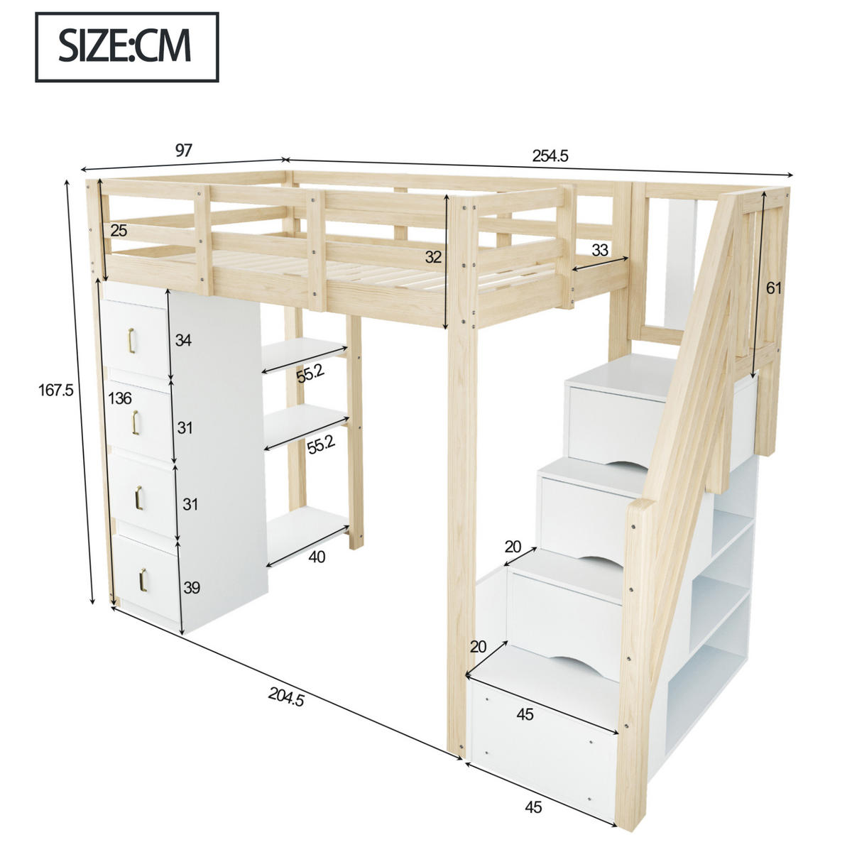 HOCHBETT 90/200 cm aus Massivholz mit Stauraum und Sicherheitsleiter Naturholz - Naturfarben, Holz (90/200cm) - Modenvie
