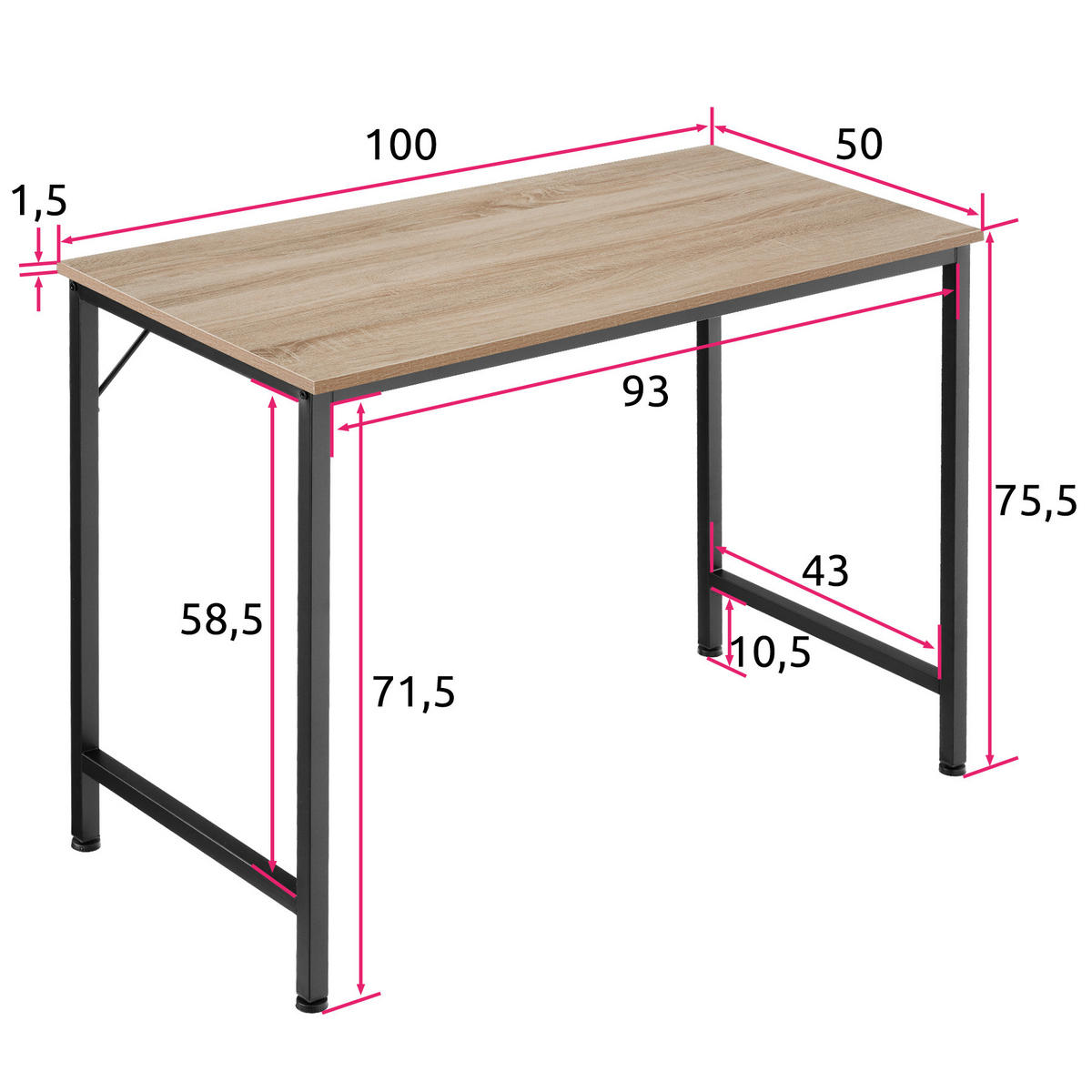 SCHREIBTISCH Jenkins, Höhe 75, 5 cm, Industrial Holz hell, Eiche Sonoma - Naturfarben, Holzwerkstoff (50/100/75.5cm) - tectake