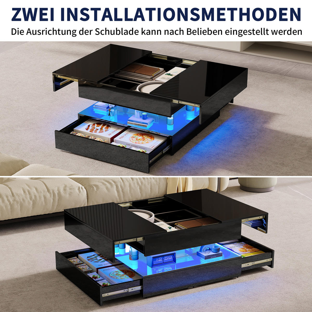 COUCHTISCH 78x78 cm mit RGB-LED & 2 Schubladen, Schwarz Hochglanz - Schwarz, Metall (78/78/43cm) - EuroLiving