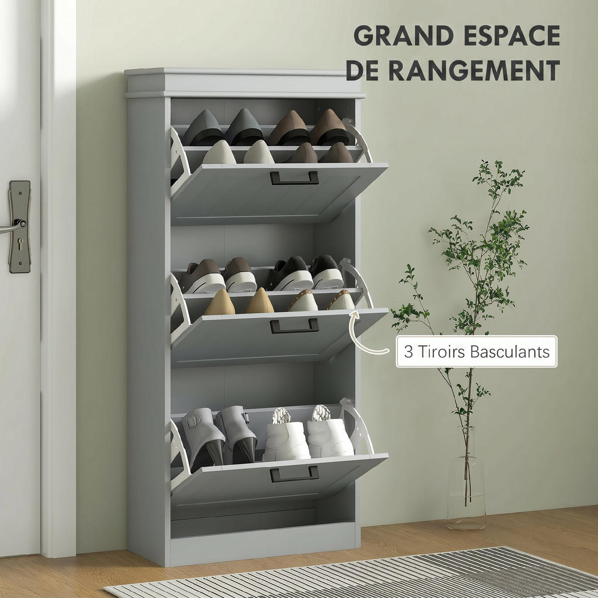 SCHUHSCHRANK,3-TÜRIG klapp für 15 Paar 54x24x117,5cm,grau - Grau, Holzwerkstoff (54/117.5/24cm) - Vallsero