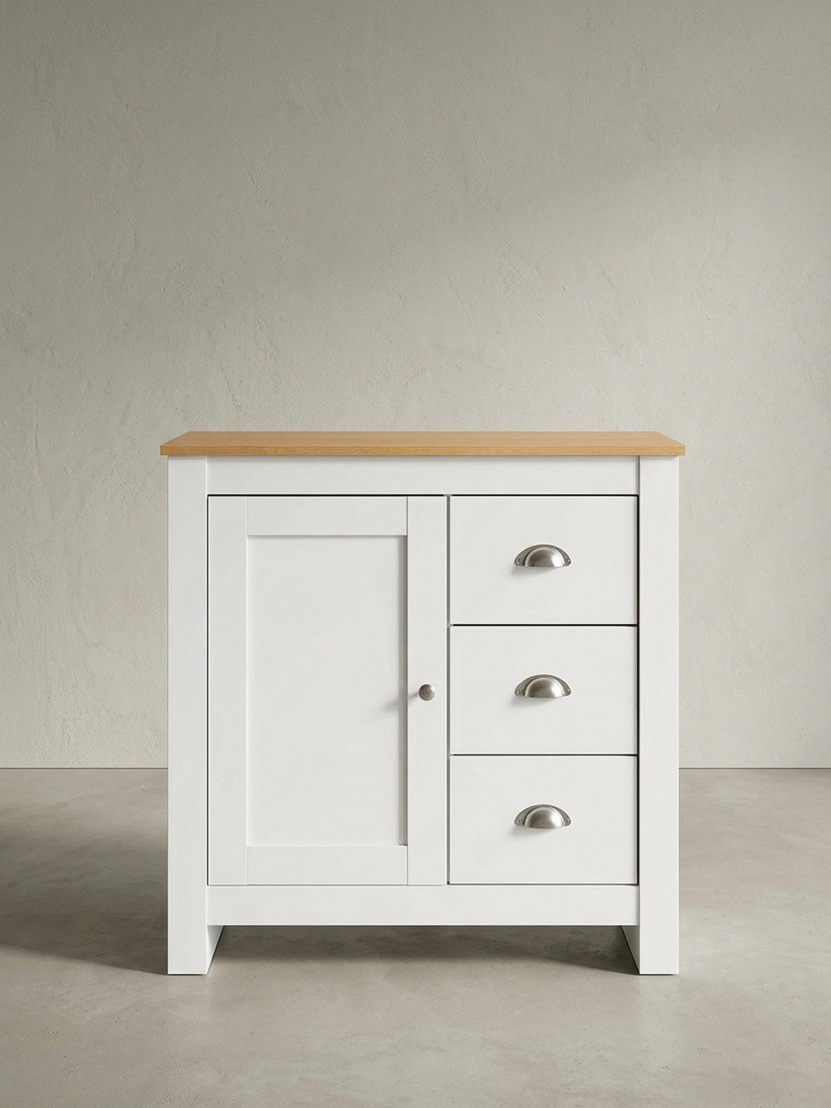 KOMMODE – Eiche-Finish, 3 Schubladen, 2 Türfächer - Weiß, Holz/Metall (79/81/35cm) - KADIMA DESIGN