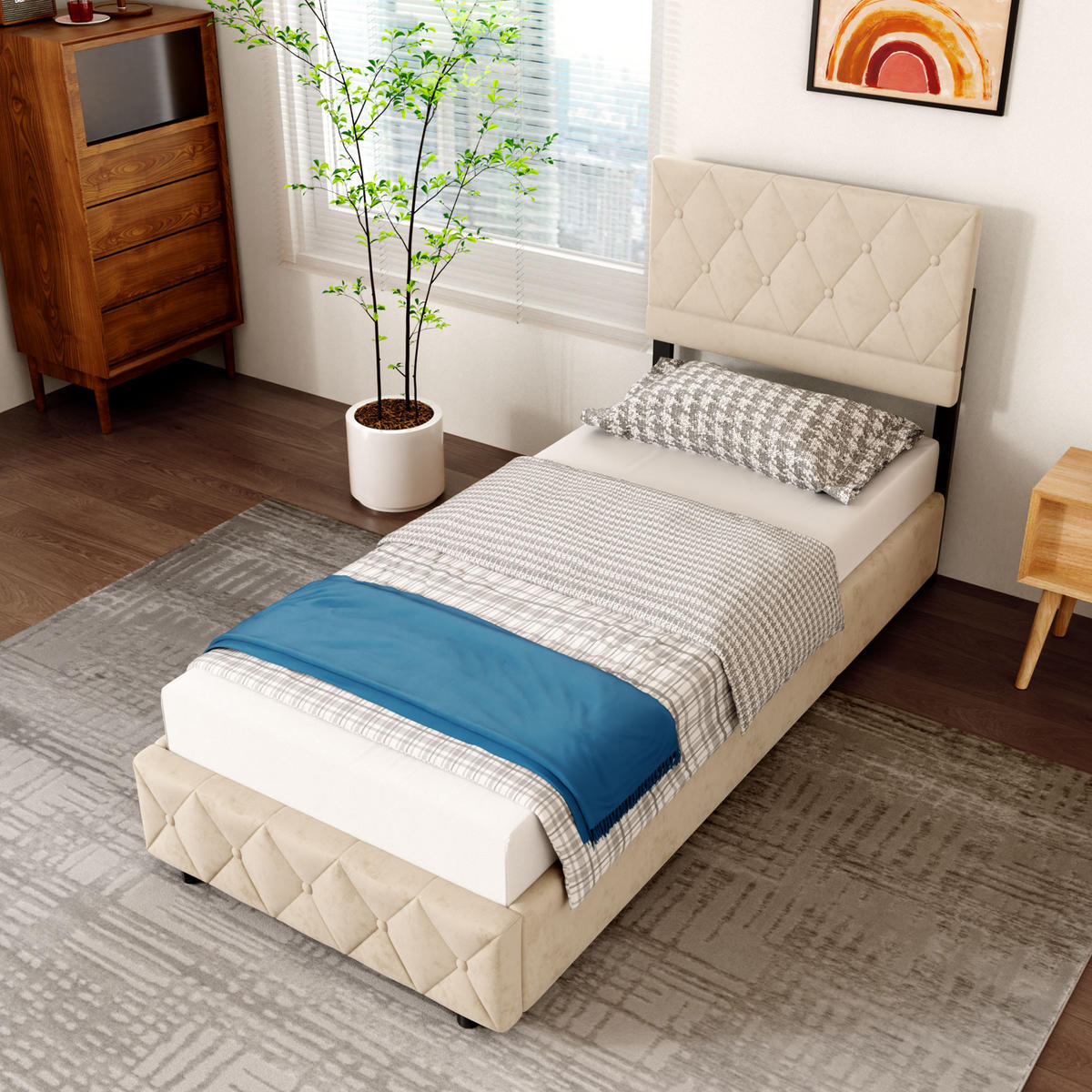 POLSTERBETT 90/200 cm in Beige Samt, mit Matratze und Bettkasten - Beige, Holzwerkstoff/Textil (90/200cm) - WISHDOR