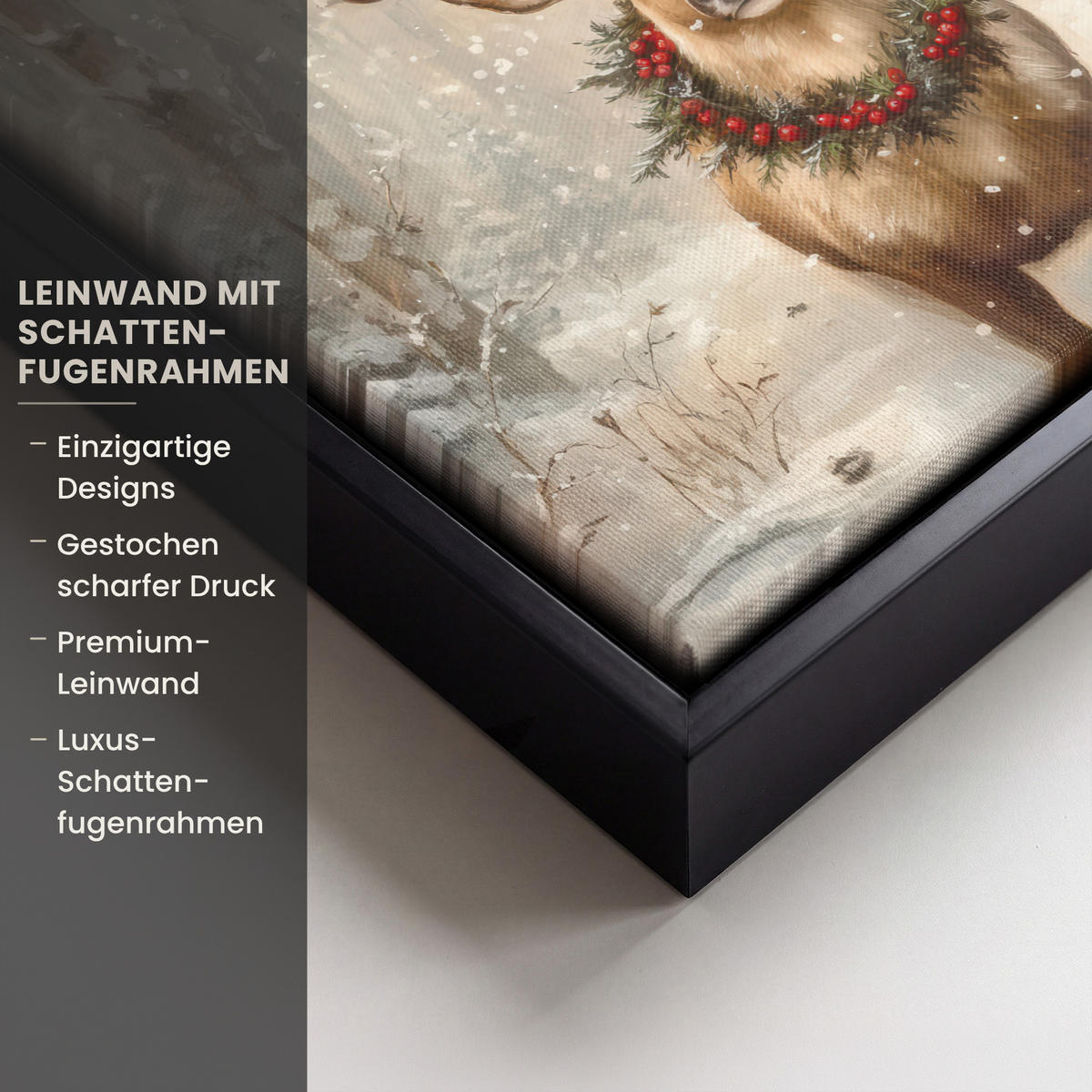 LEINWAND Bilder mit Rahmen - Weihnachten - Rentier - Winter - Kranz - 20x20 - Naturfarben, Textil (20/20cm) - MuchoWow