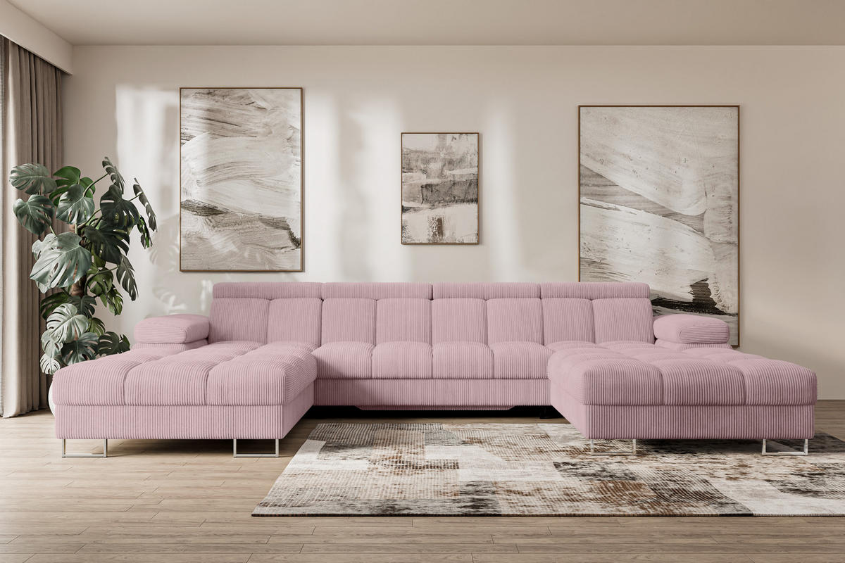WOHNLANDSCHAFT mit Schlaffunktion und Bettkasten COMA U2 345x203x79 Rosa Cord - Rosa, Holzwerkstoff/Textil (345/79/203cm) - ALTDECOR