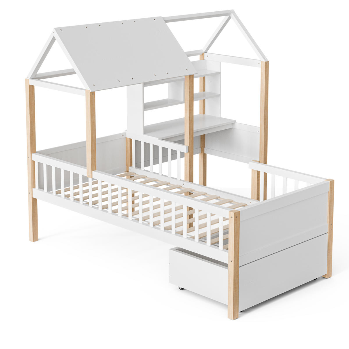 HAUSBETT 90/200 cm weiß mit Rausfallschutz und L-förmigem Schreibtisch - Weiß, Holz (90/200cm) - OKWISH