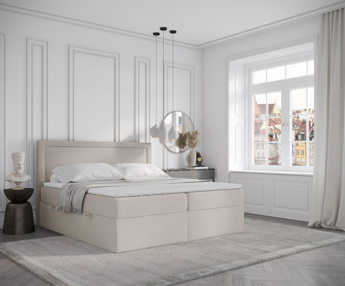 BOXBETT Tribeca Beige 200/200 cm mit Bonellmatratze und Topper - Beige/Schwarz, Holz/Holzwerkstoff (200/200cm) - Maison de Reve