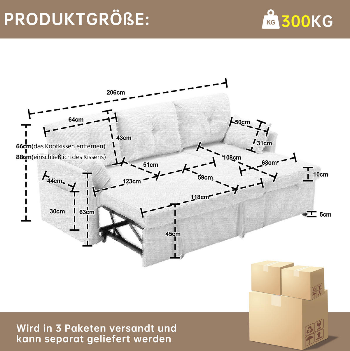 ECKSCHLAFSOFA Cord modular mit Stauraum und Seitenfächern Hellgrau 206/108/66 cm - Hellgrau, Textil (108/206cm) - Redom