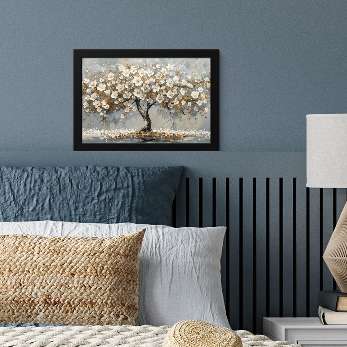 POSTER MIT RAHMEN Baum - Blumen - Weiß - Natur - Kunst 30x20 cm - Weiß, Papier (30/20cm) - MuchoWow