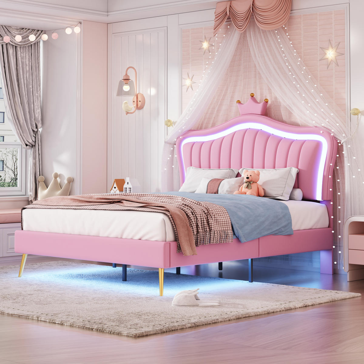 POLSTERBETT 140/200 cm rosa mit LED-Beleuchtung und höhenverstellbarem Kopfteil - Pink, Textil (140/200cm) - OKWISH