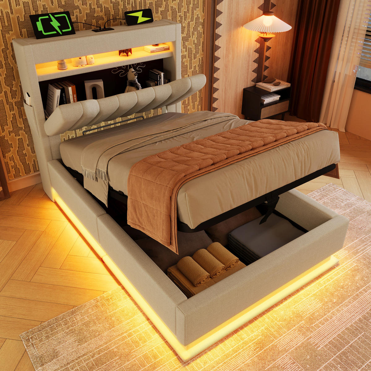 POLSTERBETT 90/200 cm Beige mit Stauraum, LED-Beleuchtung und Matratze - Beige, Textil (90/200cm) - Flora Grace