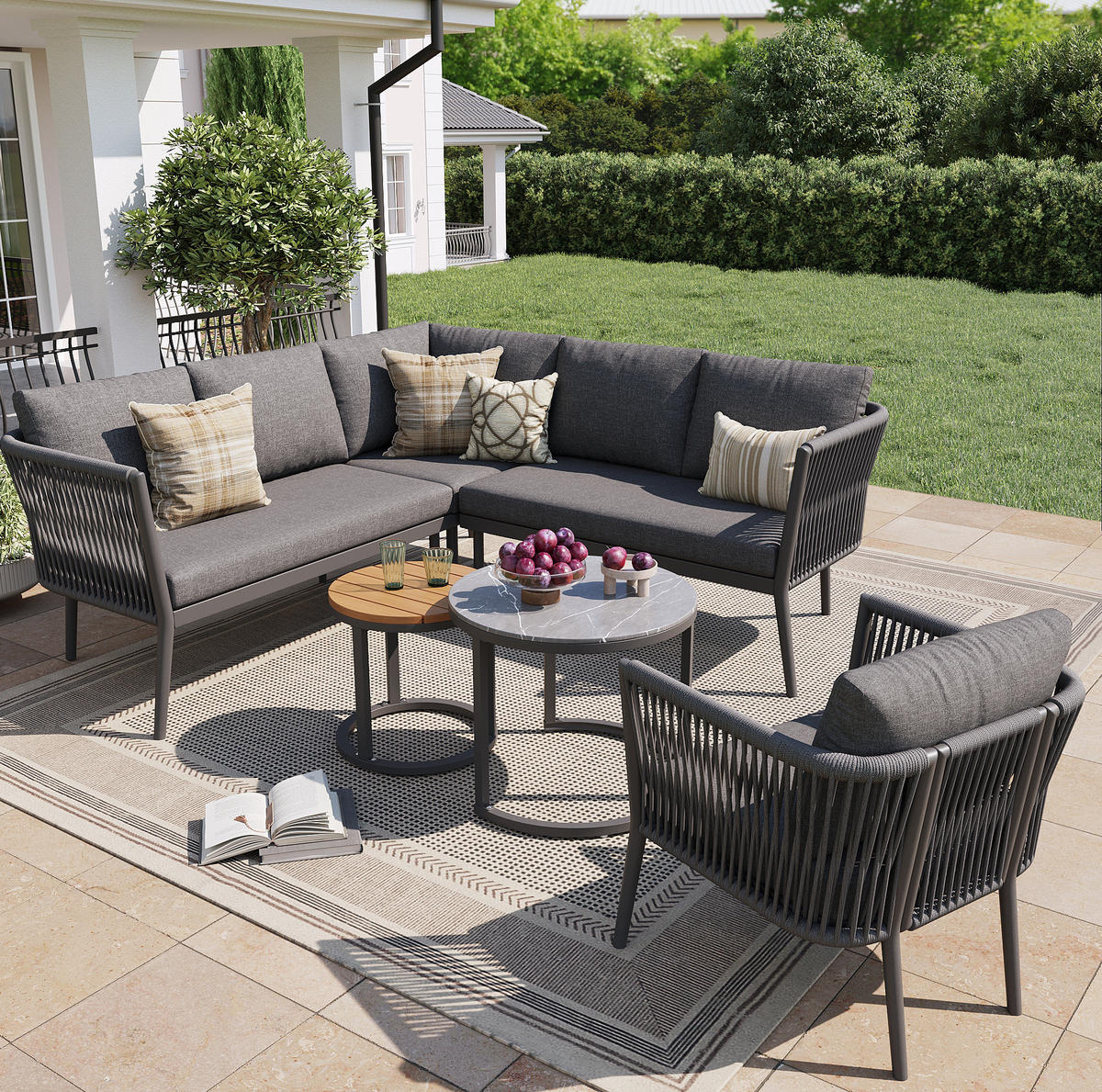 GARTENLOUNGE-SET 6-teilig 114,5/61/67 cm aus Metall und Olefin, modular mit 2 Tischen und verstellbaren Füßen, Grau - Grau, Metall - Redom