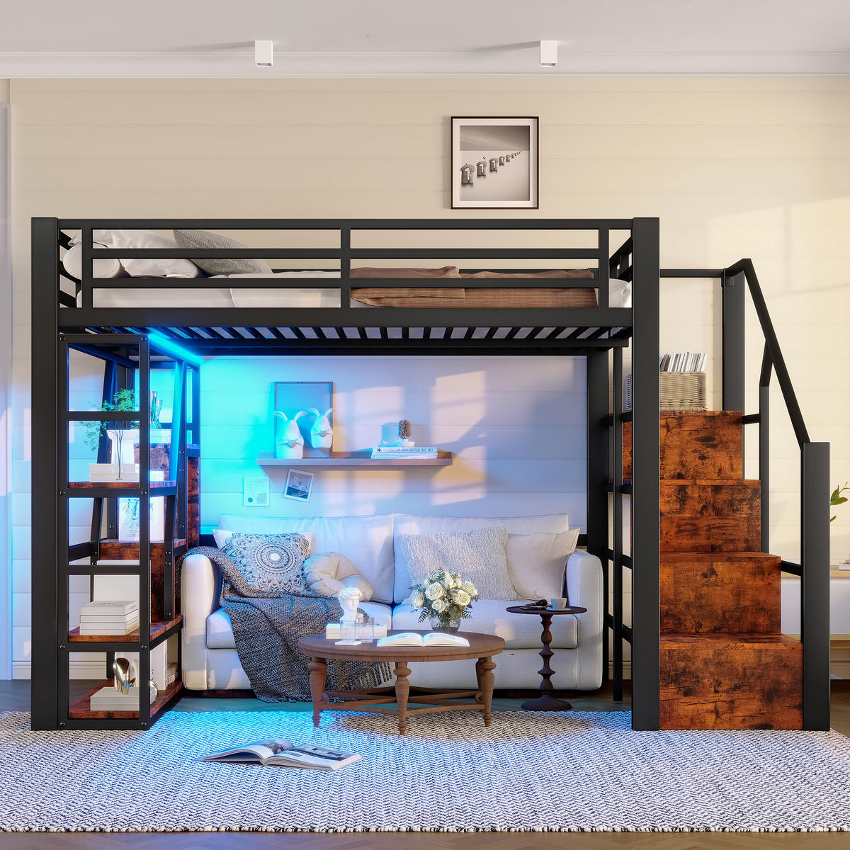 HOCHBETT 140/200 cm mit LED-Lichtleiste, Stauraumstufen, Regalfächern und Schutzgeländer aus Metall und MDF, Schwarz - Schwarz, Holzwerkstoff (140/200cm) - Redom