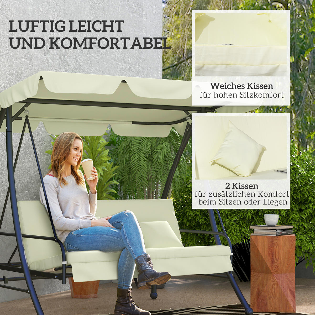 HOLLYWOODSCHAUKEL 2 in 1 mit Liegefunktion 3-Sitzer Gartenschaukel Cremeweiß - Creme, Metall (125/170/200cm) - Outsunny