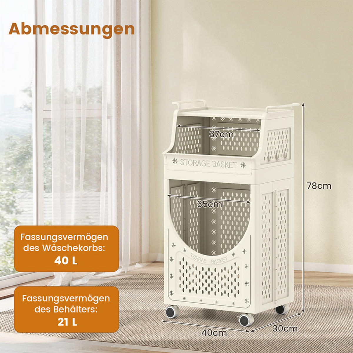 WÄSCHEKORBWAGEN Faltbarer beige - Beige, Kunststoff (40/78/30cm) - COSTWAY
