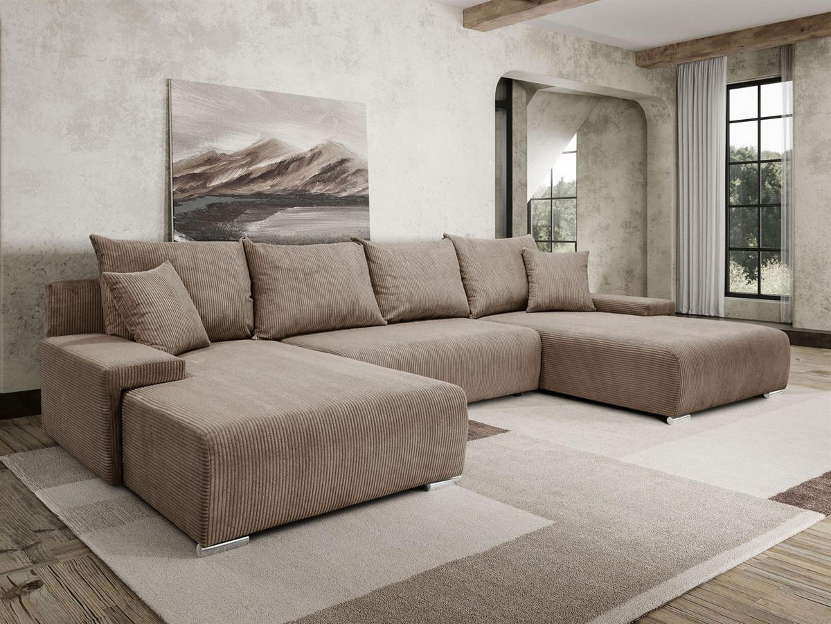 WOHNLANDSCHAFT LAVIO U mit Schlaffunktion und Bettkasten - Braun, Textil (348/93/188cm) - Lookway