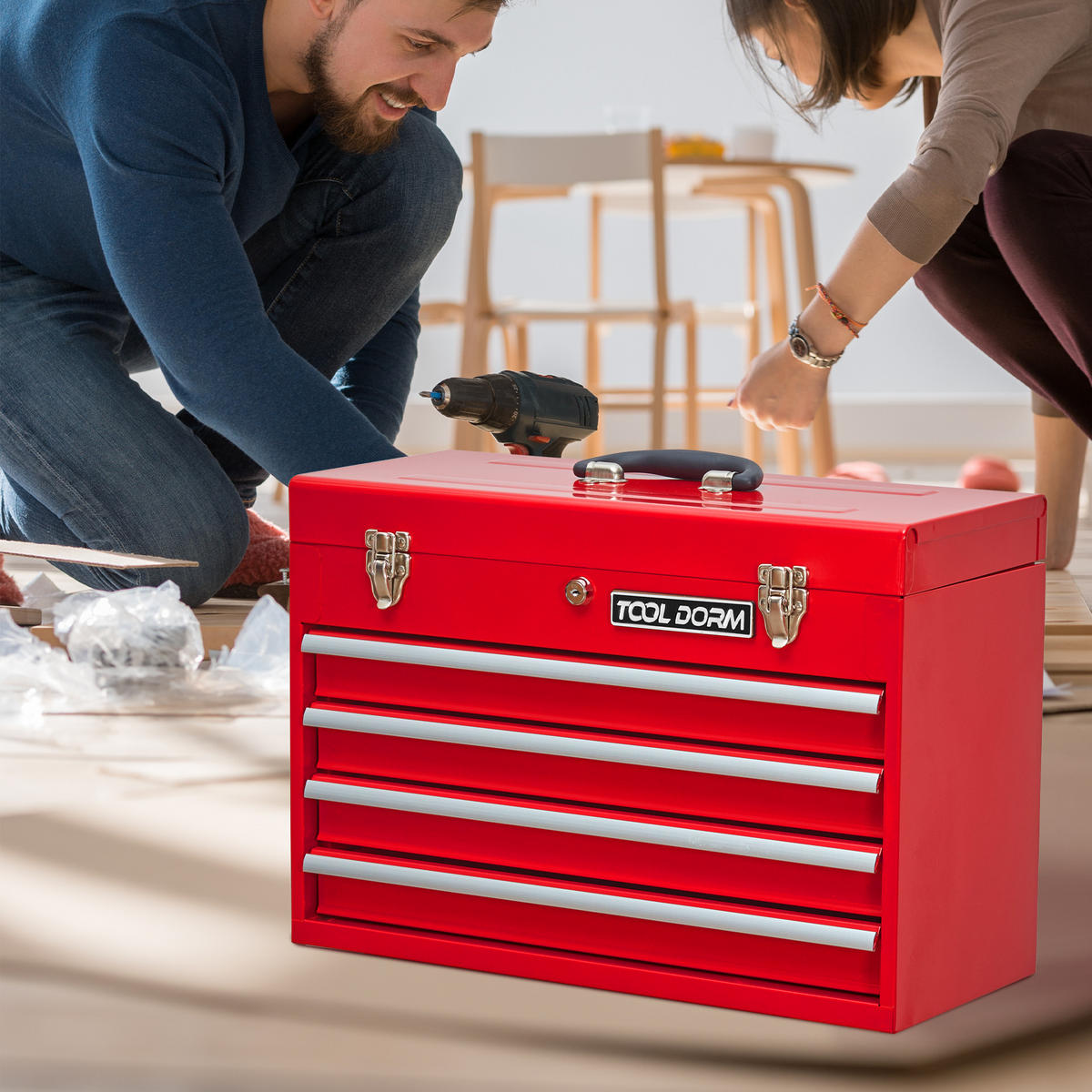WERKZEUGKISTE STAHL mit 4 Schubladen, EVA-Einlagen und Schloss, Rot - Rot, Metall (23.1/35.5/51.5cm) - Novahome