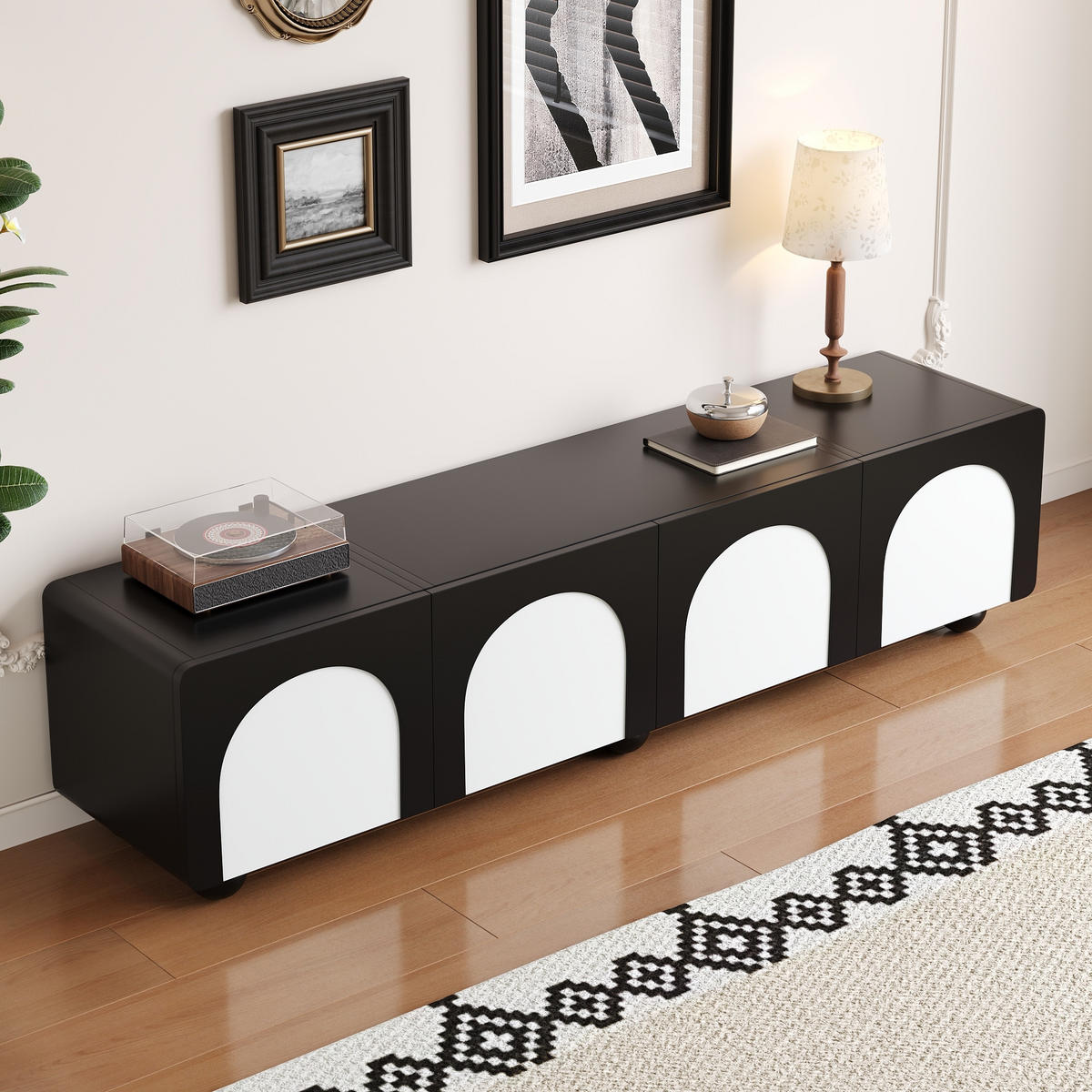LOWBOARD in Schwarz und Weiß TV-Schrank mit Schubladen für Wohnzimmer, B180/T38/H45 cm - Schwarz/Weiß, Holzwerkstoff/Metall (180/45/38cm) - STILVORA