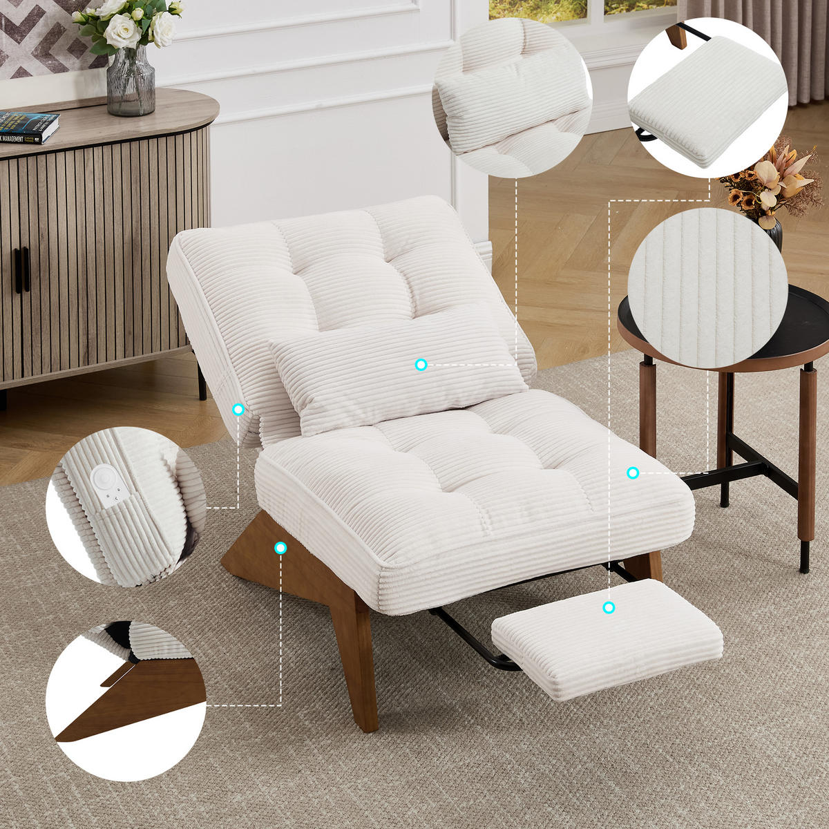 SESSEL Cord Beige mit verstellbarer Rückenlehne und Lendenkissen - Beige, Holzwerkstoff/Textil (73/90/127cm) - WISHDOR