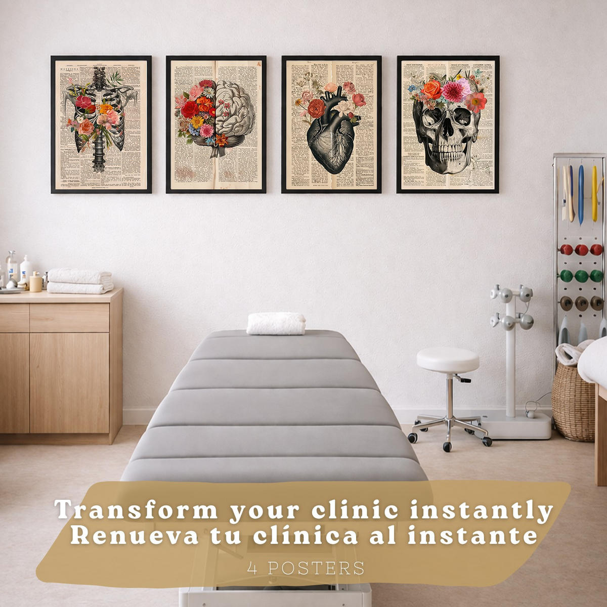POSTER Set aus 4 Vintage Anatomie Drucke und Wandbilder mit Herz Schädel Skelett und Gehirn Collage Stil Wanddekoration Größe Schwarzer Rahmen A3 - Schwarz, Papier (29.7/42/3cm) - Nacnic