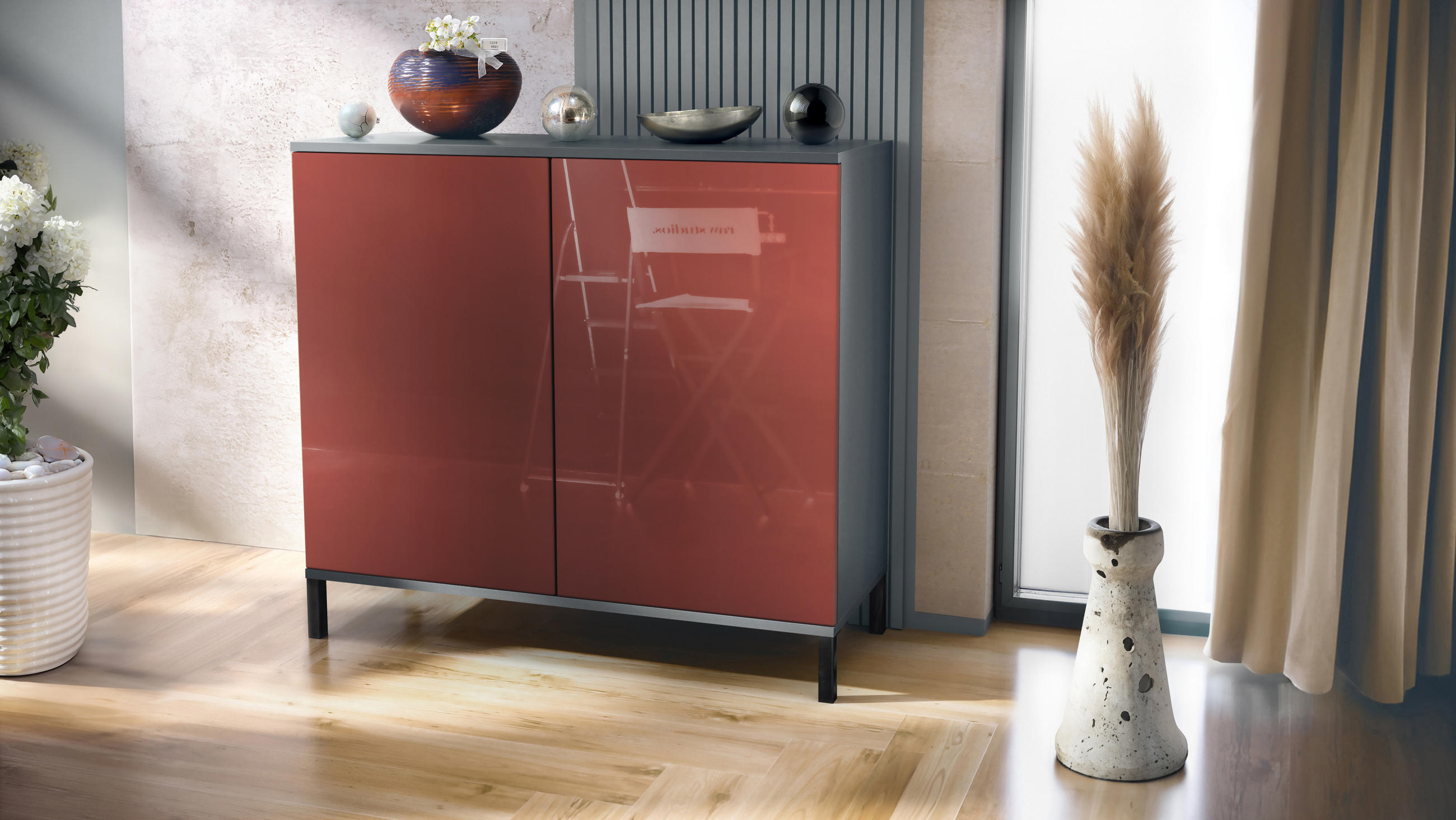 KOMMODE Skadu Bordeaux Hochglanz - Bordeaux, Holzwerkstoff (92.5/83.5/35cm) - Vladon