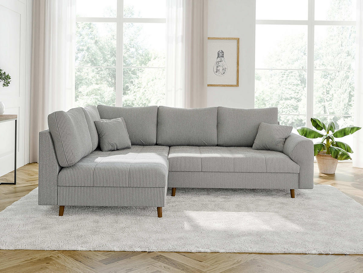 ECKSOFA inkl. Hocker Alma Hellgrau Cord - Ottomane links - Hellgrau/Braun, Holz/Textil (231/161cm) - S-Style Möbel