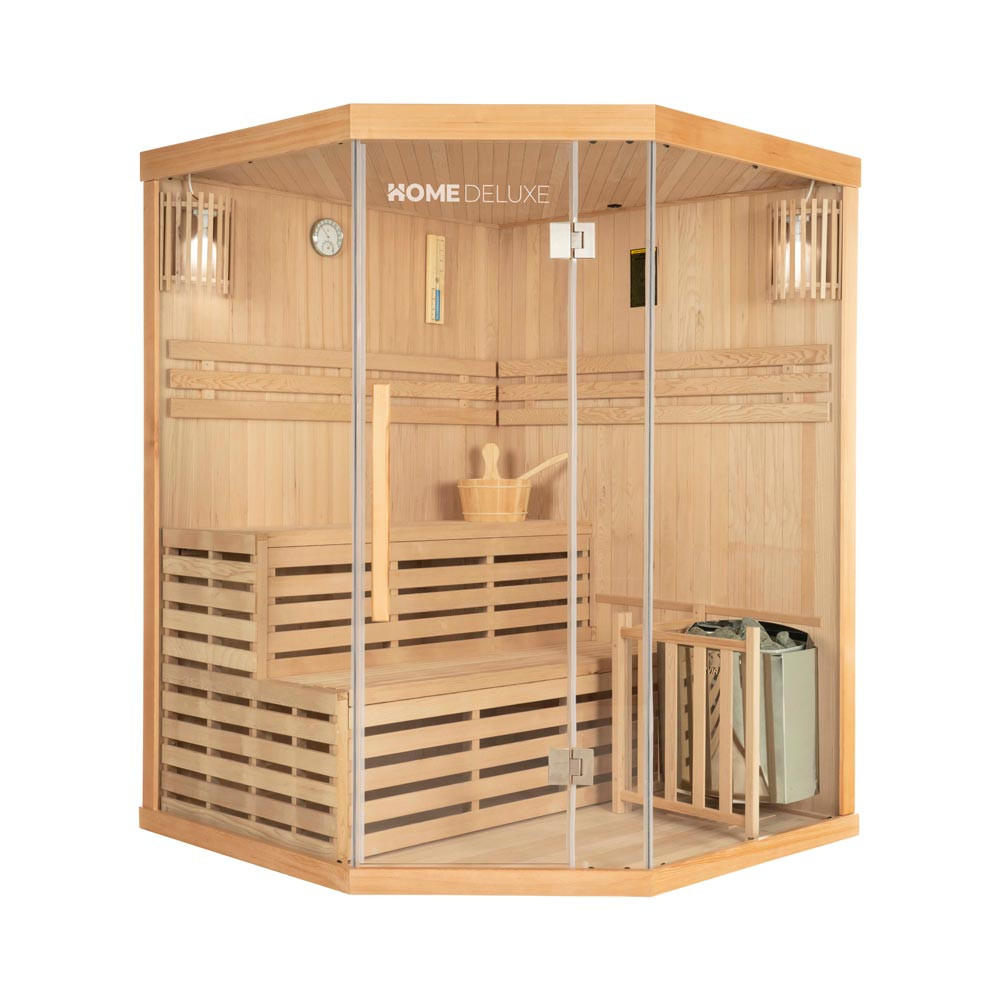 SAUNA SKYLINE XL - Ausstattung: Mit Holzwand, Größe: 150 x 150 x 150 x 200 cm - Naturfarben, Holz (150/200/150cm) - Home Deluxe