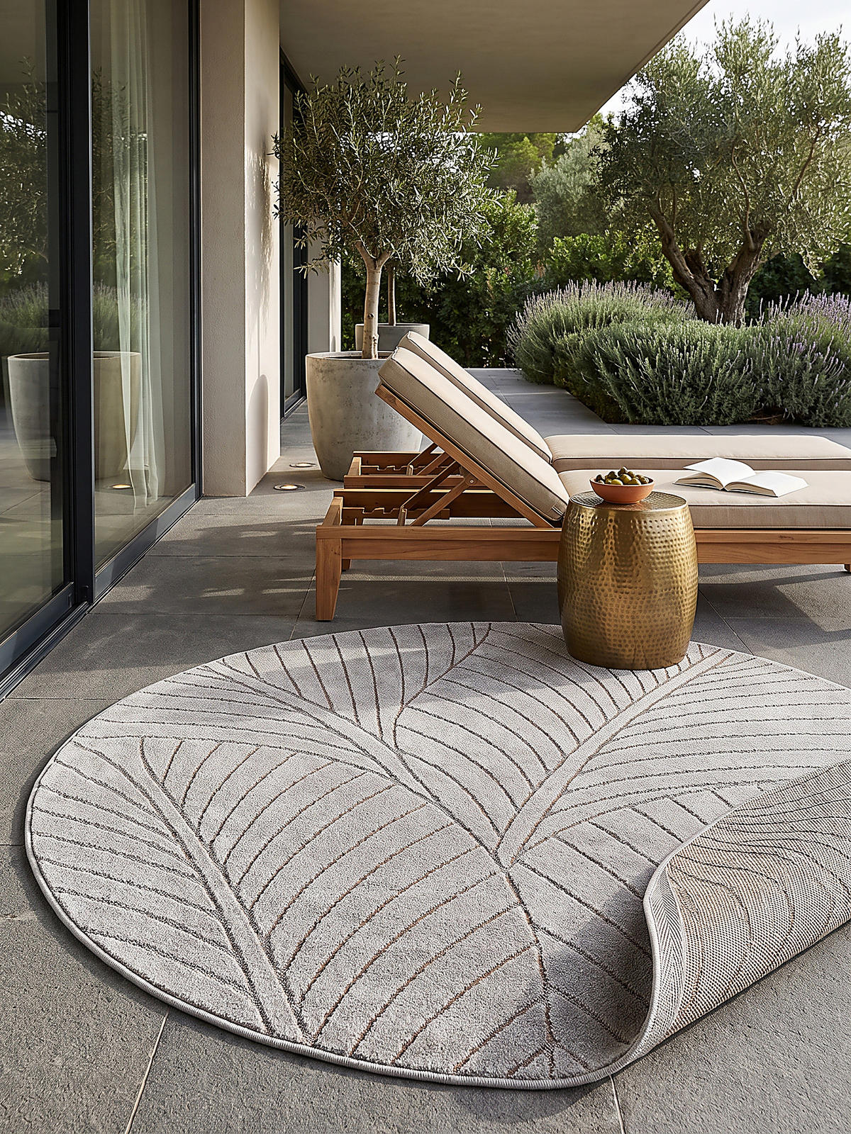 TEPPICH Outdoor, Fußbodenheizung-geeignet, mit Blattmotiv, ENGADIN in Silbergrau, Ø 200 cm - Grau, Textil (200/200cm) - KADIMA DESIGN