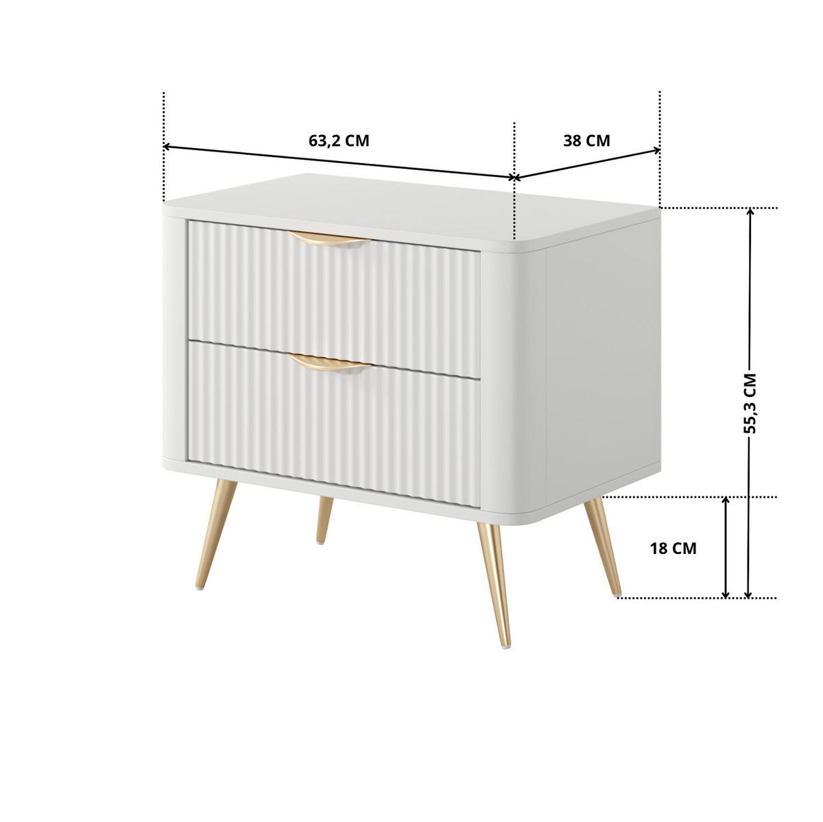 NACHTKONSOLE Flore Weiß / Gold - 48 cm - mit 2 geriffelten Schubladen - Gelb/Goldfarben, Holz/Holzwerkstoff (63/55/38cm) - Ravio