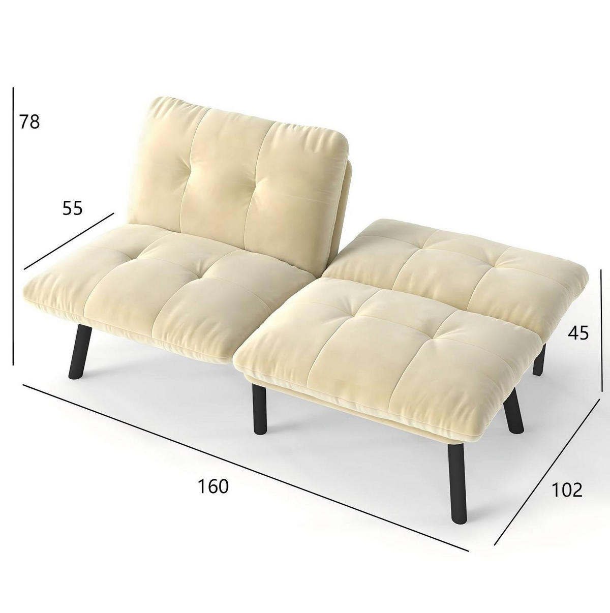 SOFA-BETT klappbar in Cream mit Samtbezug - Weiß, Metall (160/78/81cm) - Meubliv