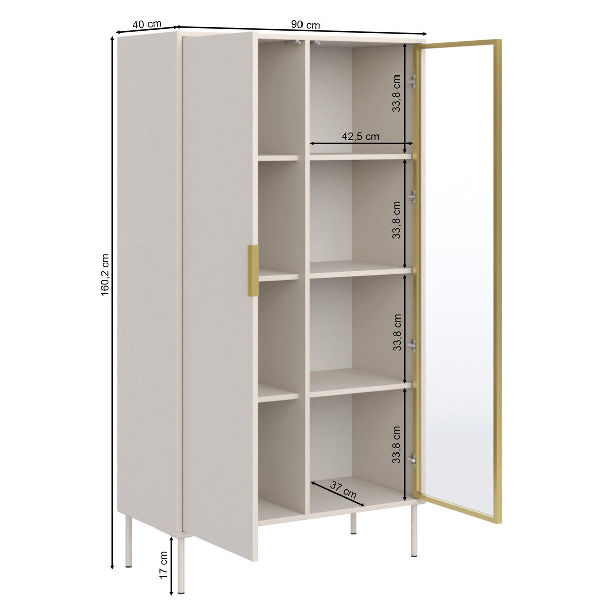 VITRINE Vena Kaschmir 90 cm - Kaschmir/Goldfarben, Holzwerkstoff/Kunststoff (90/160.2/40cm) - Selsey