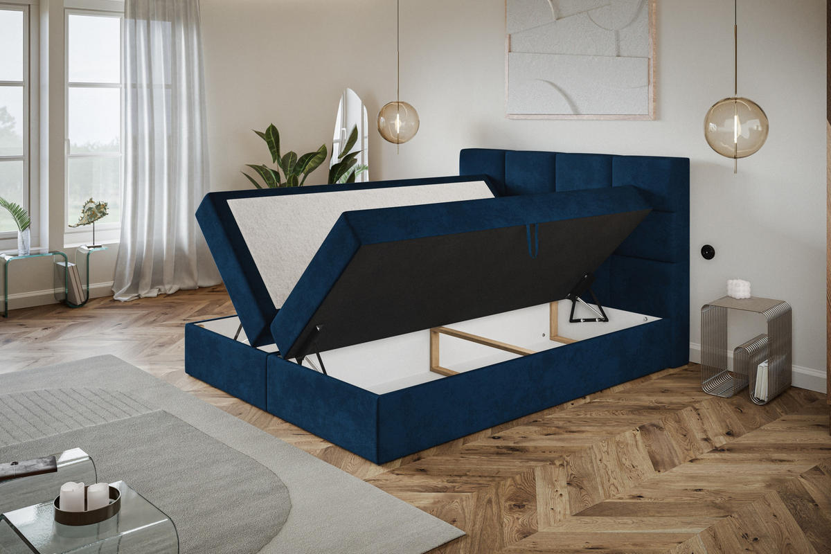 BOXBETT ROMA mit 2 Bettkästen, 140x200, Farbe: Dunkelblau, Velourstoff, Doppelbett mit Bonell-Matratze - Dunkelblau, Holz/Kunststoff (140/200cm) - Alpi-Möbel