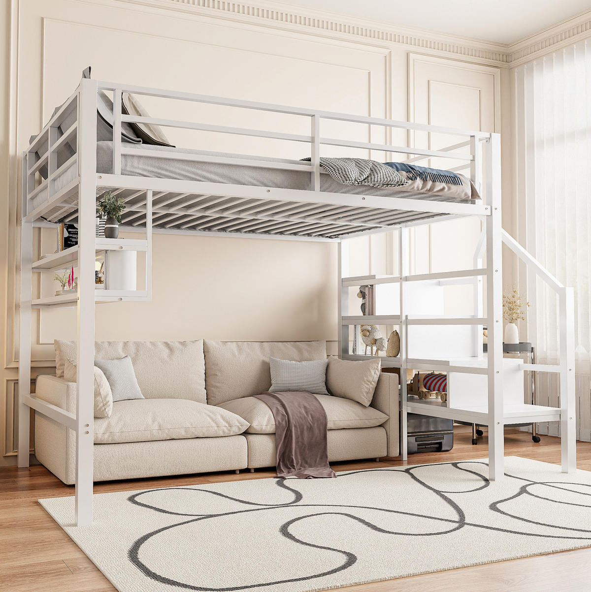 HOCHBETT 140/200 cm aus Metall und MDF mit Stauraumleiter und Regalen Weiß - Weiß, Metall (140/200cm) - Modenvie