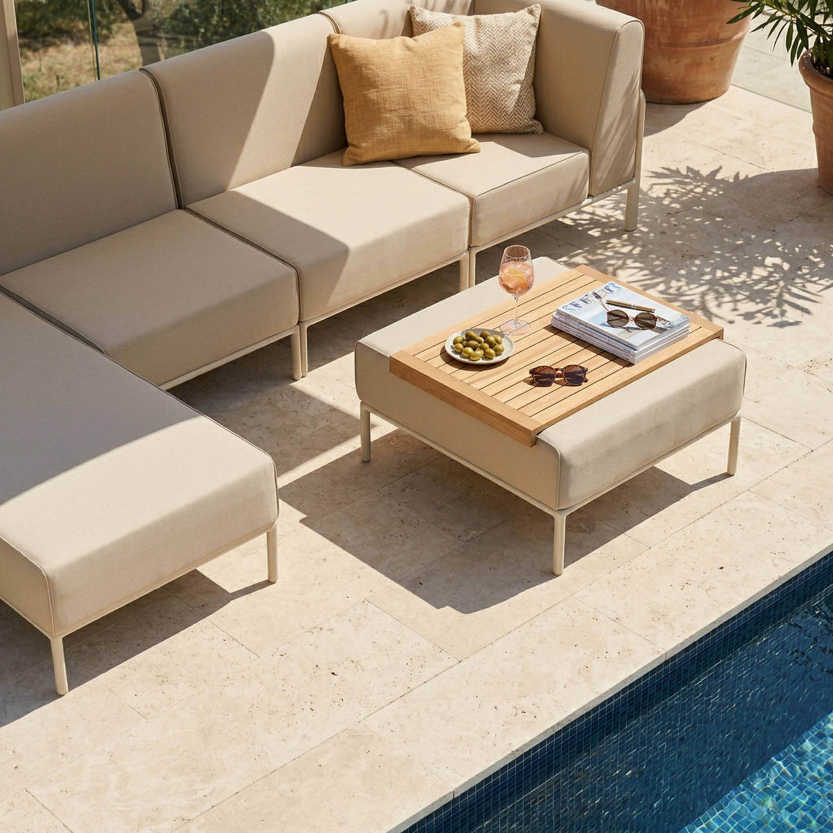 GARTENSOFA mit 5 Sitzplätzen, Beige - Beige, Textil (153/78/360cm) - Oviala
