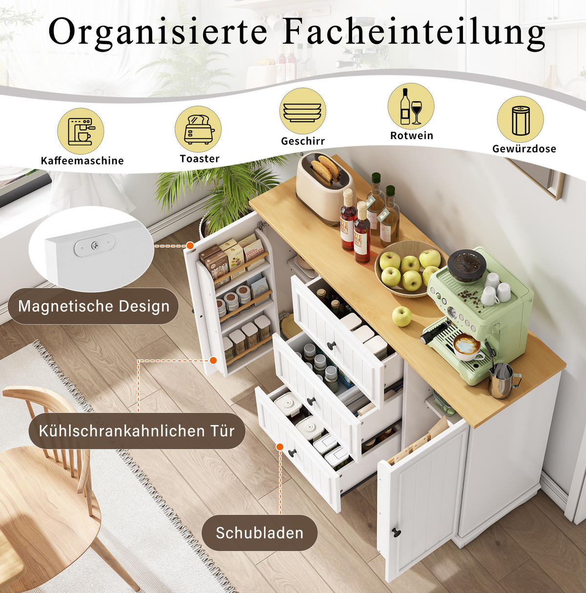 SIDEBOARD 126/40/86 cm Weiß aus MDF mit 3 Schubladen und Türen - Weiß, Holzwerkstoff (40/86/126cm) - OKWISH