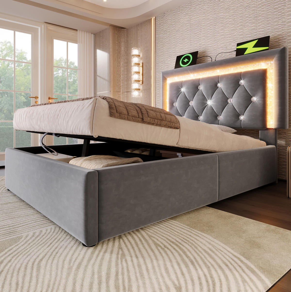 POLSTERBETT mit LED und Bettkasten 90x200 cm Samt Grau inkl. Matratze - Grau, Metall (90/200cm) - Meubliv
