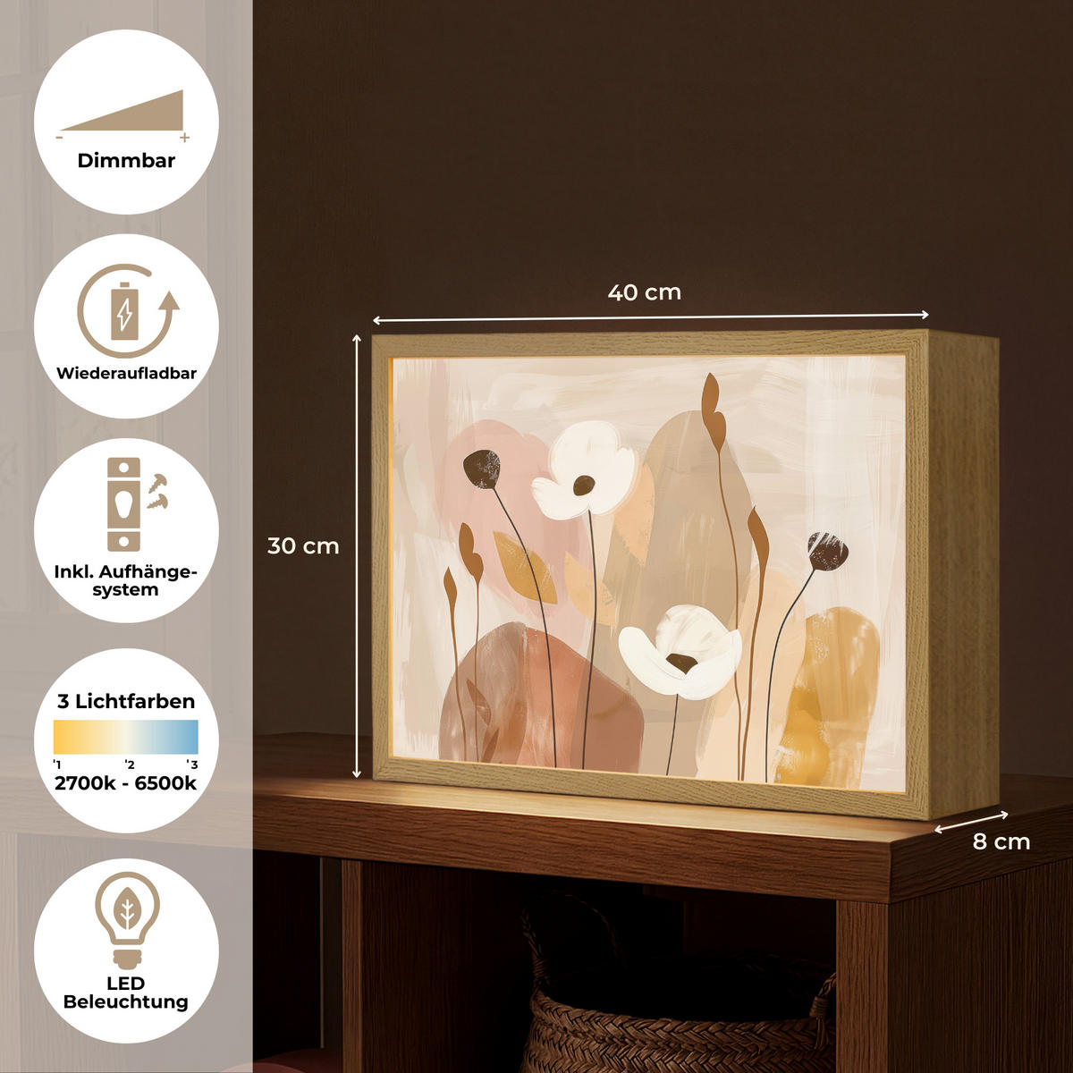 WANDLEUCHTE MIT AKKU Blumen - Abstrakt - Beige - Strichzeichnung 40x30 cm - Sandfarben, Holzwerkstoff (40/30/8cm) - OnlyWow