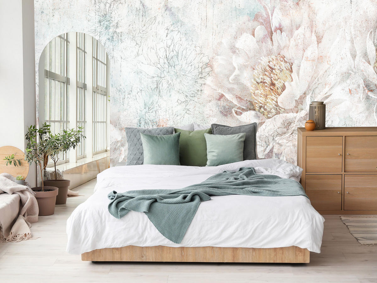 FOTOTAPETE für Büro Pfingstrosen Blumen Beton Vintage 150x105 - Gelb/Rosa, Papier (150/105cm) - Muralo