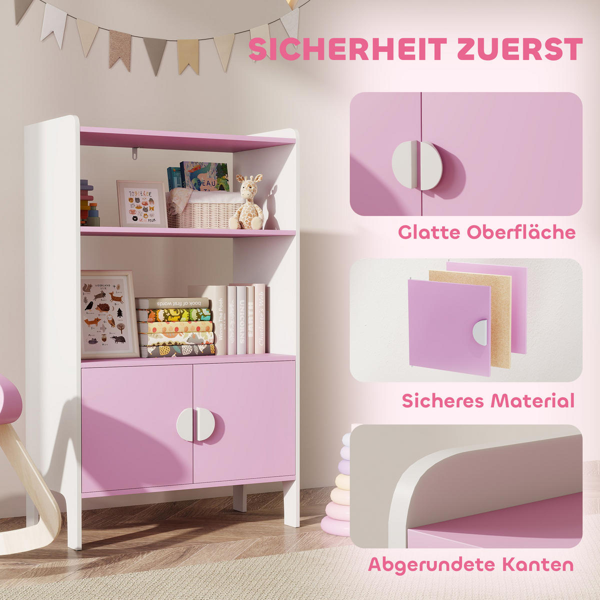 BÜCHERREGAL Kinderregal mit 2 Ablagen und 2 Schranktüren - Weiß/Rosa, Holzwerkstoff (35/100/60cm) - AIYAPLAY