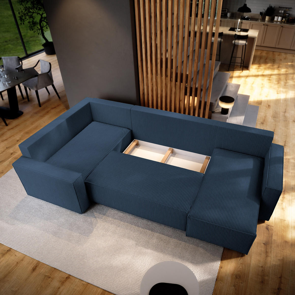 WOHNLANDSCHAFT NORENA L-S Blau Kordstoff mit Schlaffunktion - Blau, Holz (295/85/157.5cm) - MASSENO