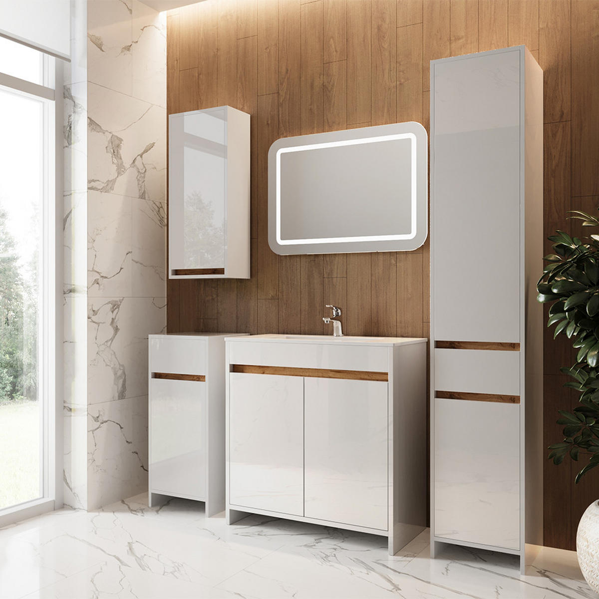 BADMÖBEL-SET Lemgo Weiß Hochglanz 5er-Set - Honigeiche/Weiß Hochglanz, Holzwerkstoff (79.8/81.9/40cm) - Vicco