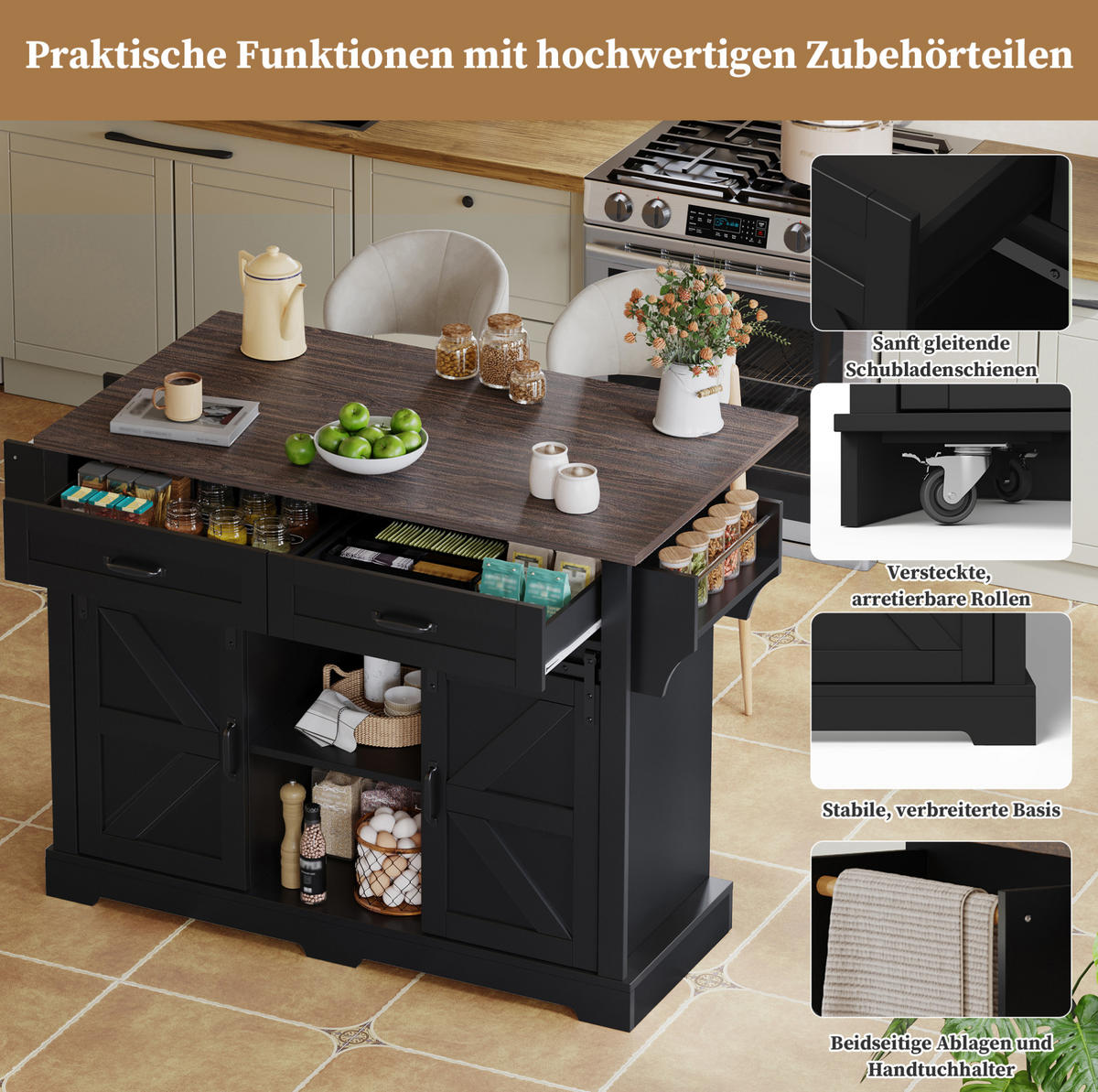KÜCHENINSEL 120/45(70)/91 cm Schwarz aus MDF mit klappbarer Arbeitsplatte - Schwarz, Holzwerkstoff (70/91/120cm) - OKMYHOME