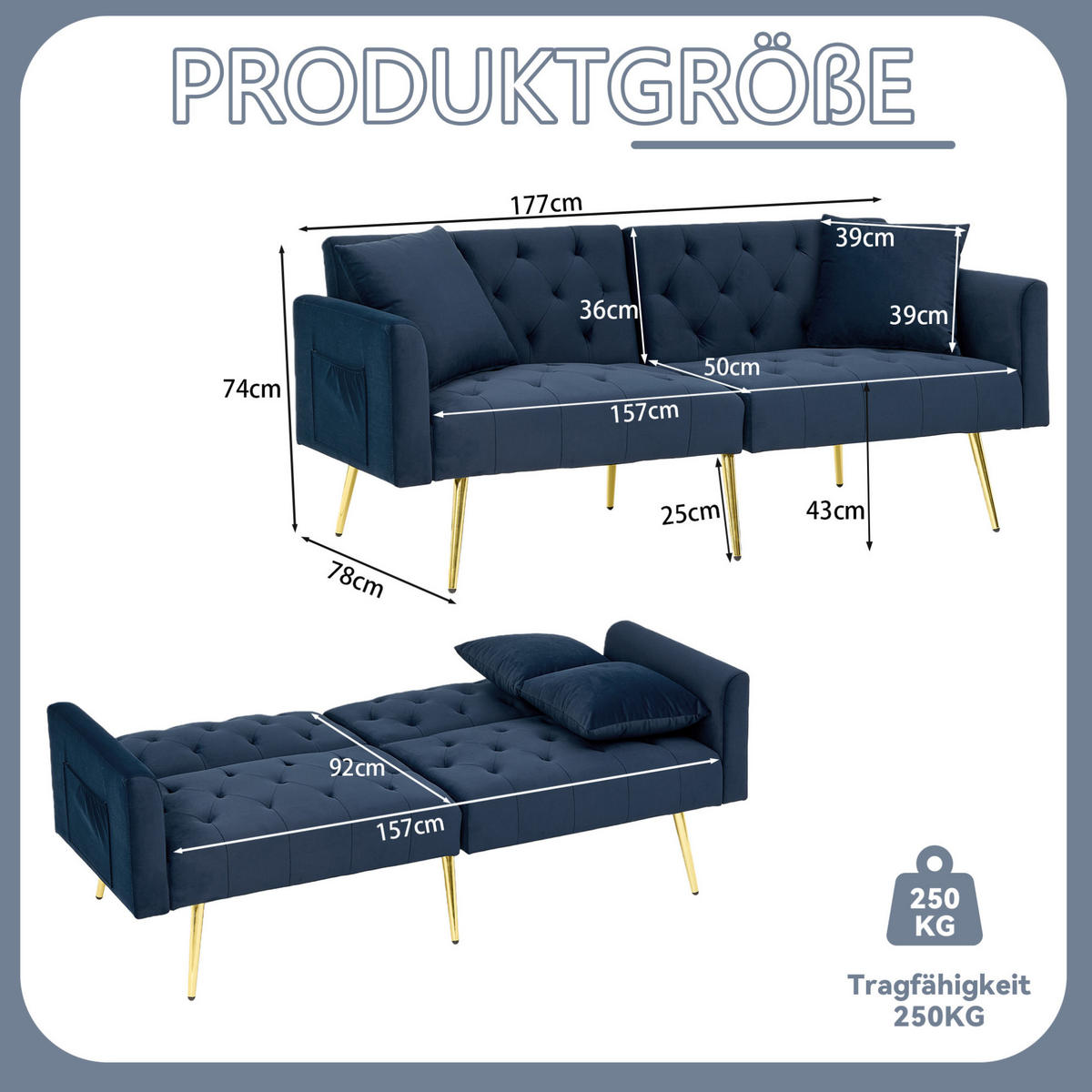 SOFA 2-Sitzer mit 3-fach verstellbarer Rückenlehne Blau Samt - Blau, Holzwerkstoff (177/74/78cm) - Meubliv