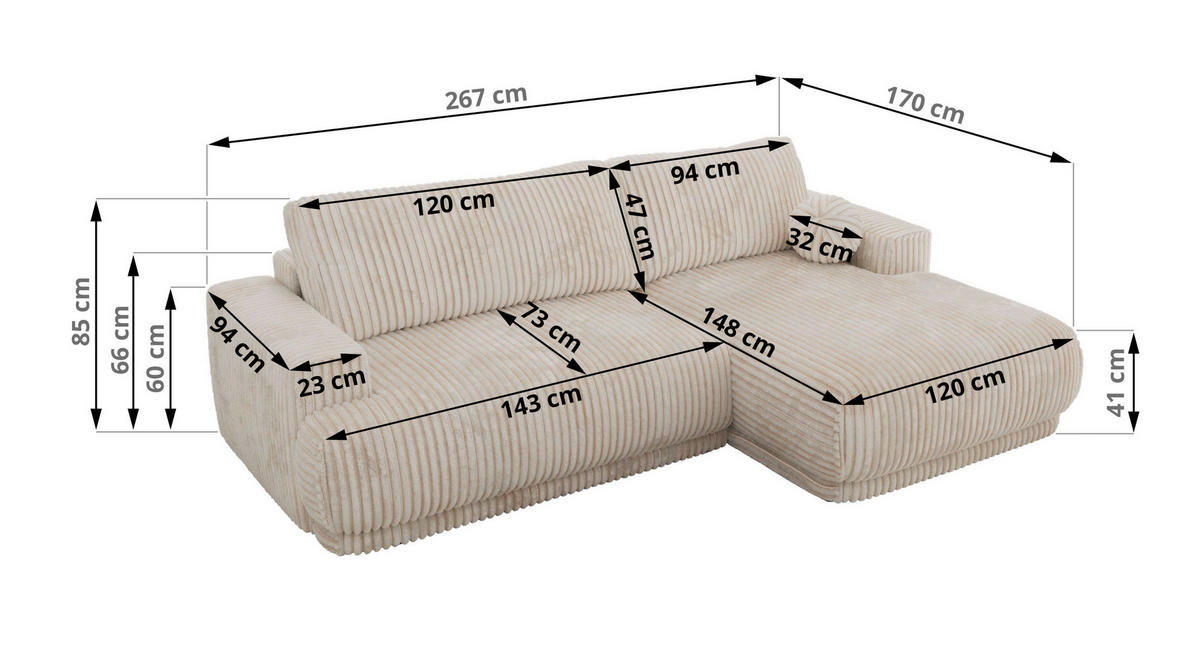 ECKSCHLAFSOFA RINA L Beige Cord - links - Beige/Schwarz, Kunststoff/Textil (267/170cm) - MKS
