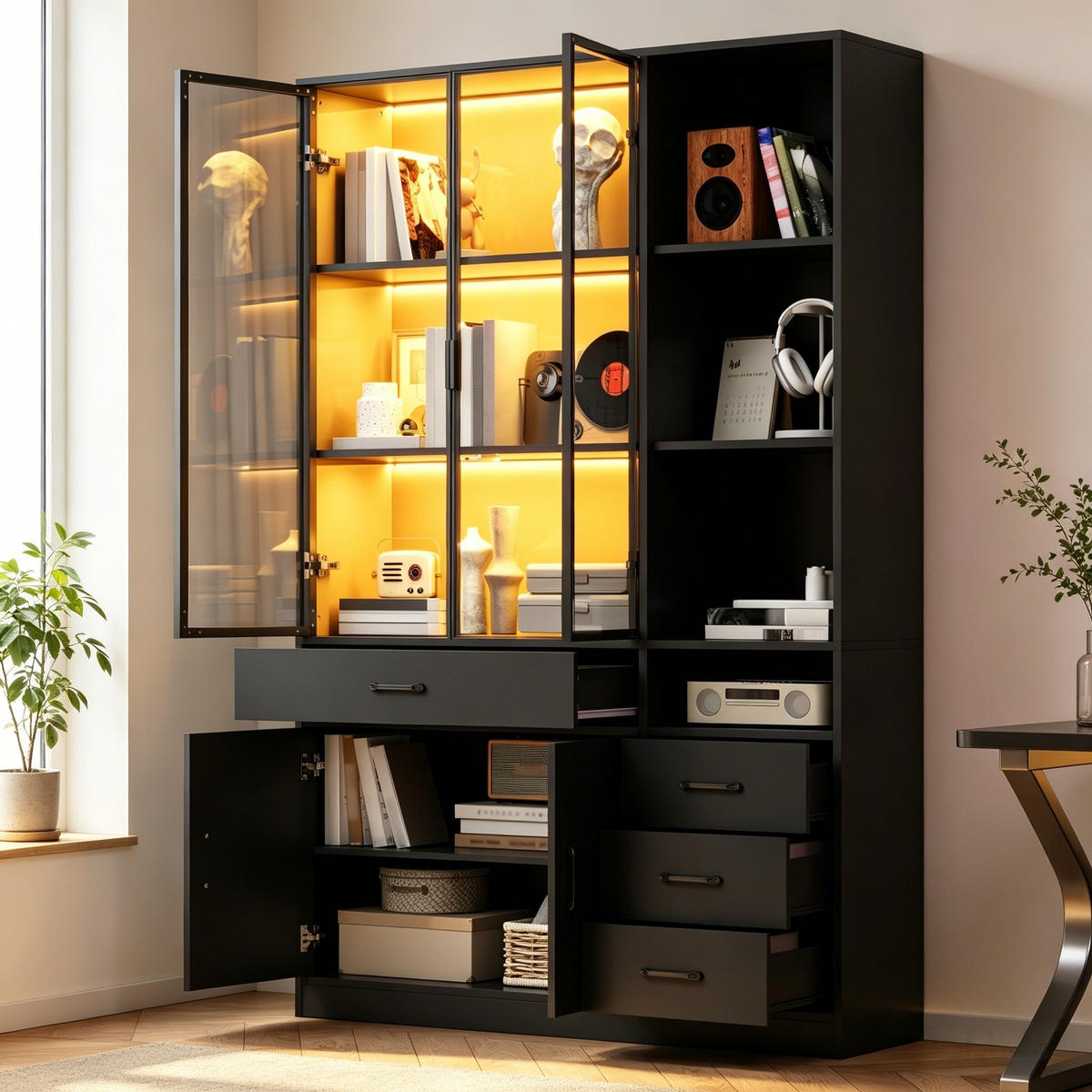 VITRINE LED Hochschrank Glas 120cm 13 Fächer Schwarz - Schwarz, Holzwerkstoff (120/200/35cm) - FLIEKS