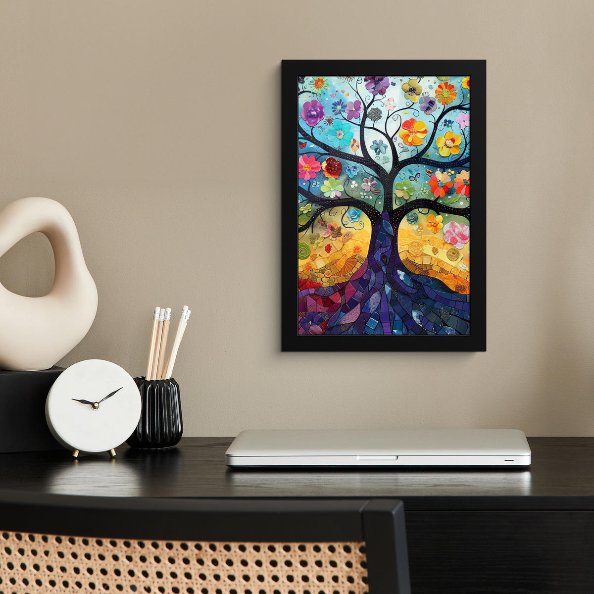 GERAHMTES BILD Kunst - Baum des Lebens - Blumen - Hippie 20x30 cm - Dunkelblau, Papier (20/30cm) - MuchoWow