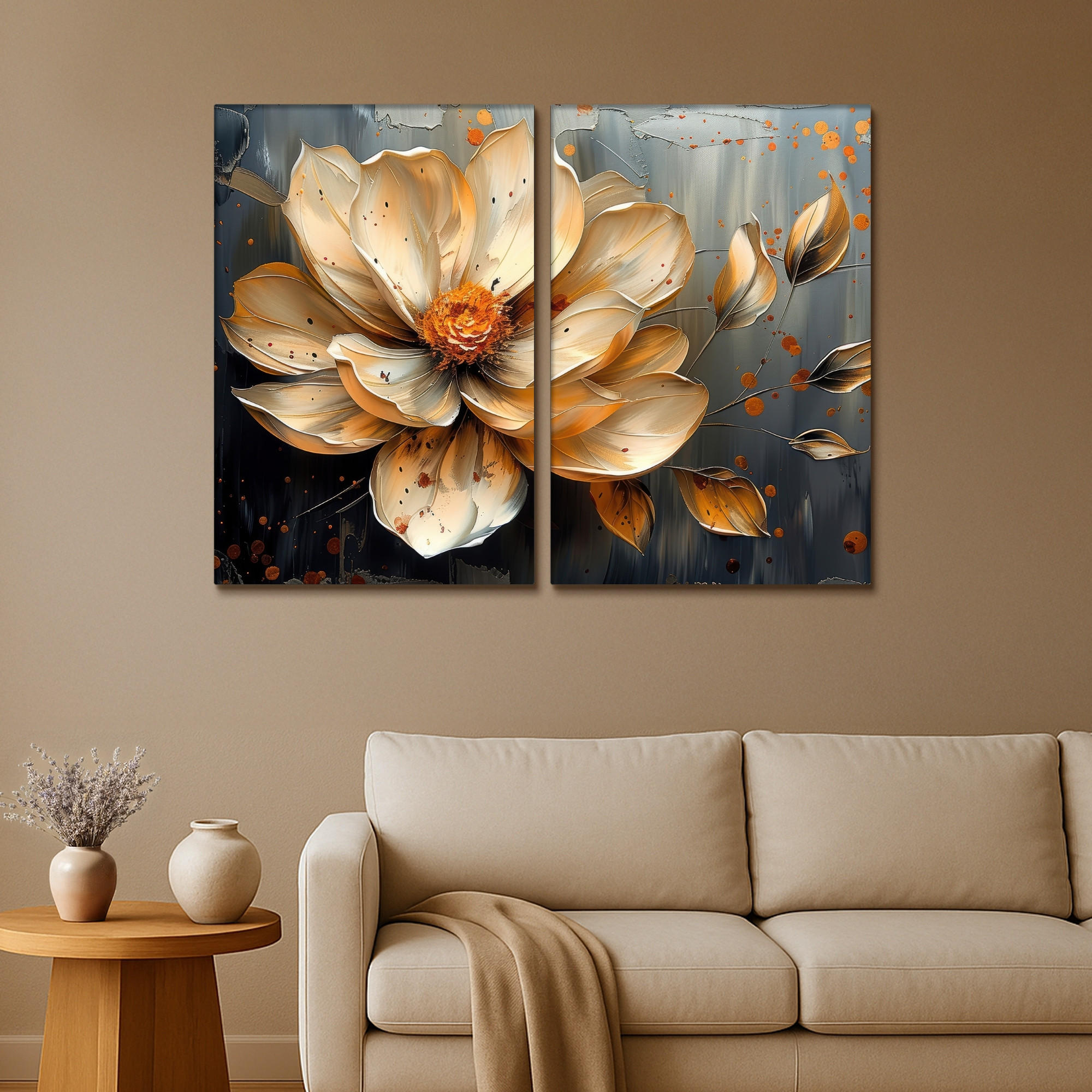 LEINWANDBILD 2er Set Blume - Gold - Abstrakt - Farbe 120x90 cm - Creme, Textil (120/90cm) - MuchoWow